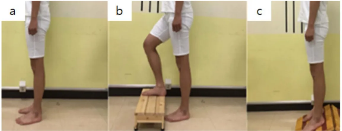 Fig. 2. Standing conditions (a: ground, b: platform, c: sloped)