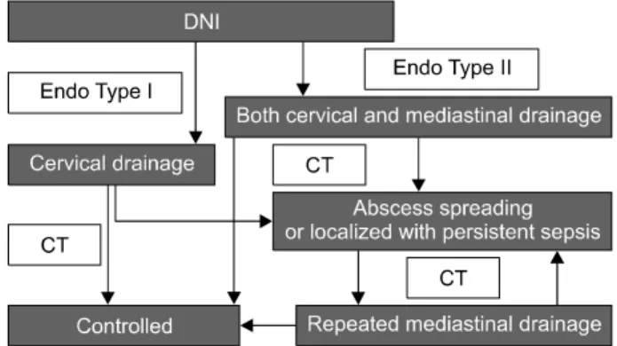 Fig. 1. Algorithm of surgical management for deep neck infections  (DNI) and descending necrotizing mediastinitis