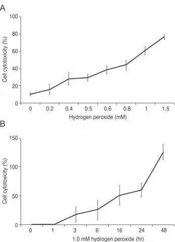 Fig. 1. Hydrogen peroxide (H 2 O 2 ) induced cytotoxicity in R28  cells. (A) R28 cells were exposed to H 2 O 2  ranging from 0.0 to 1.5  mM for 24 hours