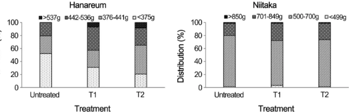 Fig.  3.  Comparison  of  weight  distribution  of  harvested  fruits  treated  with  or  without  blossom  thinning  in  ‘Hanareum’  and  ‘Niitaka’