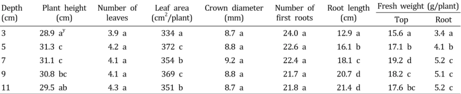 Fig.  1.  Influence  of  depth  of  expanded  rice  hull  as  root  medium  packed  over  root  restriction  material  on  the  growth  of 