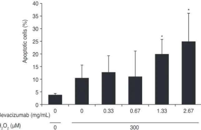 Fig. 5. Influence of bevacizumab on apoptosis of retinal pig- pig-ment epithelial cells under high oxidative stress (300 µM H 2 O 2 )