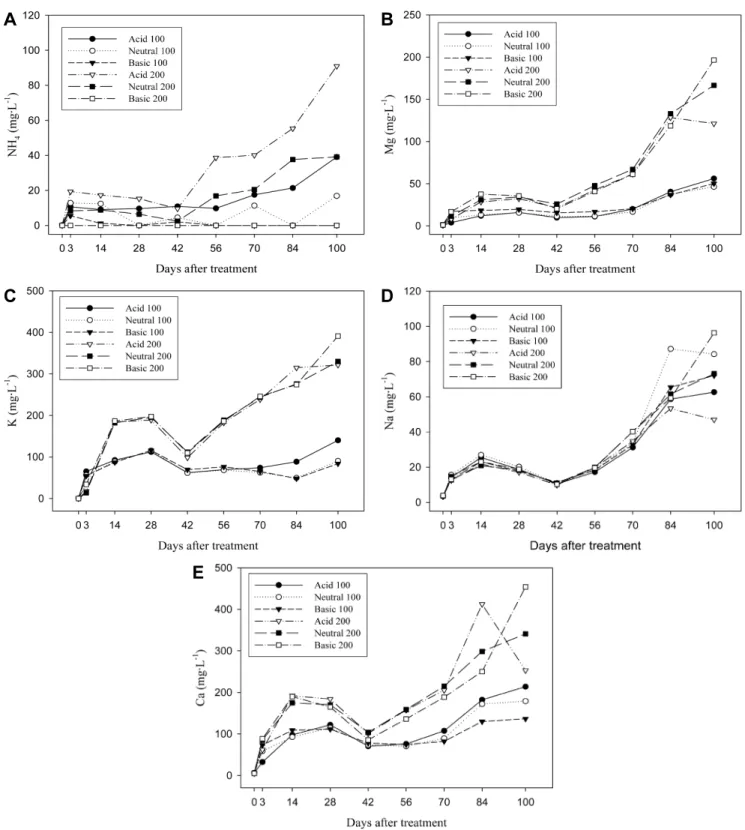 Fig.  2.  Changes  in  the  concentrations  of  macro-cations  in  soil  solution  of  root  media  as  influenced  by  compositions  and  concentrations  of  fertilizer  solution  during  the  vegetative  propagation  of  ‘Seolhyang’  strawberry  (A,  NH 