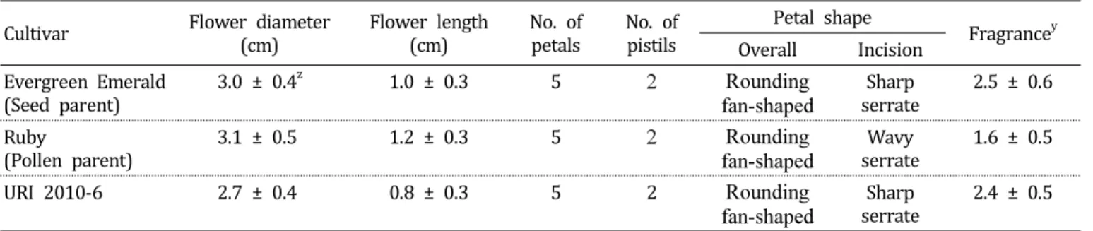 Table  2.  Flower  characteristics  of  Dianthus  hybrida  ‘URI  2010-6’.