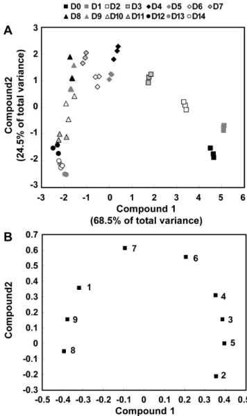 Fig.  3.  Scores  (A)  and  loading  plots  (B)  of  principal  components  1  and  2  of  the  PCA  results  obtained  from  glucosinolates  data  on  Korean  Chinese  cabbage  during  seedling  stages  from  0  day  to  14  days