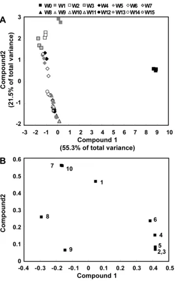 Fig.  4.  Scores  (A)  and  loading  plots  (B)  of  principal  components  1  and  2  of  the  PCA  results  obtained  from  glucosinolates  data  on  Korean  Chinese  cabbage  during  growth  stages  from  0  week  to  15  weeks
