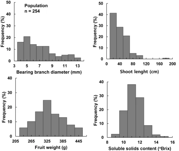 Fig.  1.  Frequency  distribution  of  the  values  of  fruit  growth  parameters  of  ‘Kawanakajima  Hakuto’  peach  at  the  maturity  date.특히,  결과지 직경과 신초장은 변이계수가 각각 35.8%와 75.3%로 과중이나 당도에 비해 상당히 높은 경향이었다