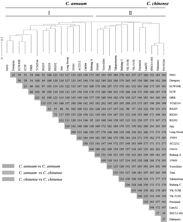 Fig.  2.  Polymorphism  survey  of  the  412  SNP  markers  in  27  Capsicum  cultivars  and  cluster  dendrogram