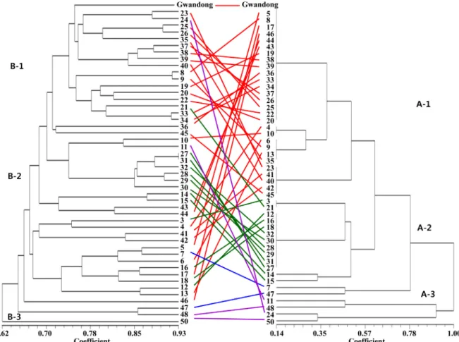 Fig.  3.  Comparison  of  dendrograms  showing  genetic  relationships  among  47  accessions  of  ‘Danji’  radish  (Raphanus  sativus  L