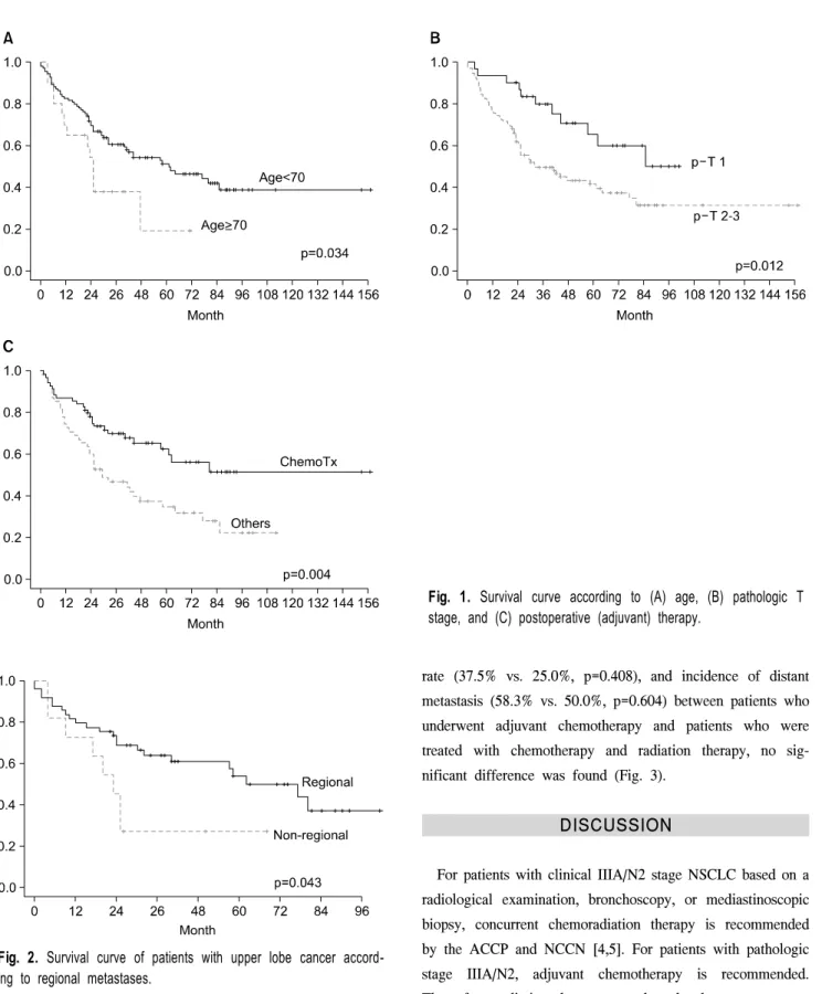 Fig. 1. Survival curve according to (A) age, (B) pathologic T  stage, and (C) postoperative (adjuvant) therapy.