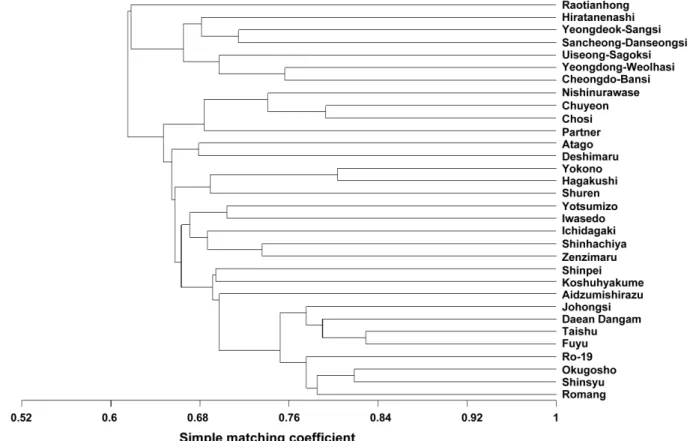 Fig. 2. Dendrogram of the 39 pear cultivars based on UPGMA cluster analysis using genetic similarity.