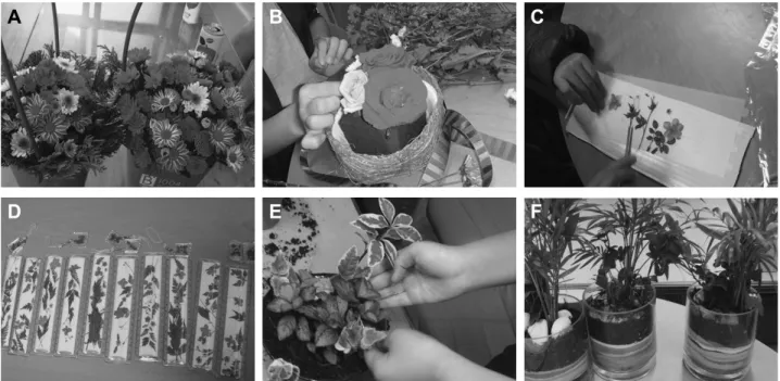 Fig. 1. Indoor horticultural activities in this experiment. (A) Flower arrangement in plastic basket; (B) flower arrangement in plastic  containers; (C) pressed flower pencil vase; (D) pressed flower rulers; (E) planting in earthenware; (F) planting in gla