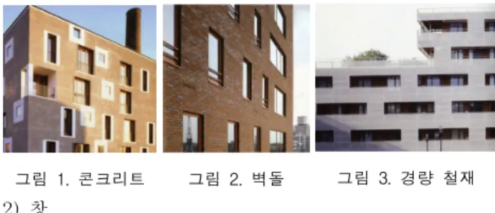 그림  1.  콘크리트 그림  2.  벽돌 그림  5.  창의  혼합  그림  3.  경량  철재그림  4.  창의  격자패턴 으로  이루어진  단위라고  생각되지만  단일  주거  공간이 아닌  집합주택의  의미가  부여되면서  그  의미는  확장된다