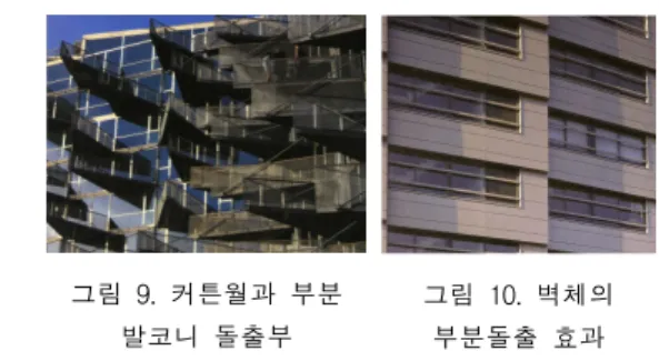 그림  10.  벽체의  부분돌출  효과 그림  6.  돌출형 그림  9.  커튼월과  부분 발코니  돌출부 그림  12.  세로  패턴  그림  13.  격자패턴 그림  7