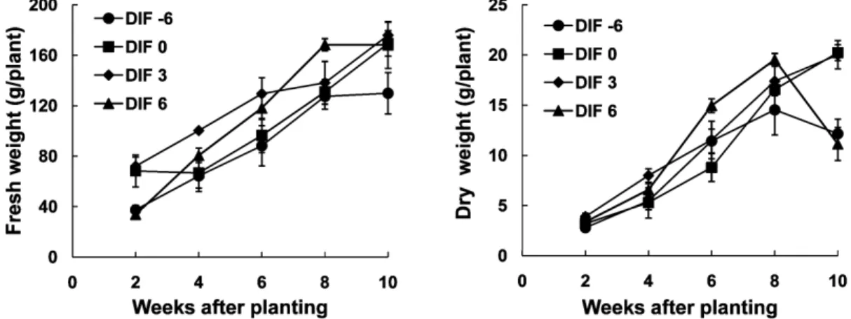 Fig. 4. Changes of fresh and dry weight of sweet pepper plants by different DIF for ten weeks after planting