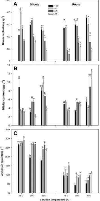 Fig. 4. Effects of solution temperature on nitrate reductase (NR)  activity of 35-days-old cucumber seedlings grown with solutions  containing different NO 3 - :NH 4 +  ratios