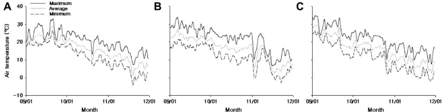 Fig. 1. Maximum, average, and minimum air temperatures during the 2007 (A), 2009 (B), and 2010 (C) fall period at the ‘Fuji’/M.9 apple orchard in the Daegu region.
