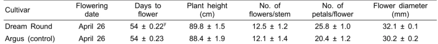 Table 3. Plant characteristics of a spray chrysanthemum ‘Dream Round’ grown in the spring z .