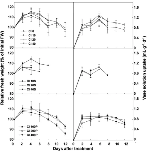 Fig. 2. Effect of free available chlorine on relative fresh weight and solution uptake by cut flowers of ‘Brut’ rose