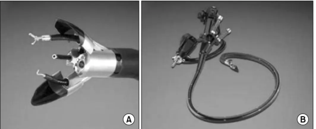 Fig. 3. (A, B) Advanced single-in- single-in-cision endoscopic platforms for  natu-ral orifice translumenal endoscopic  surgery, such as the Anubiscope,  are being developed to allow more  complex surgical procedures to be  performed.
