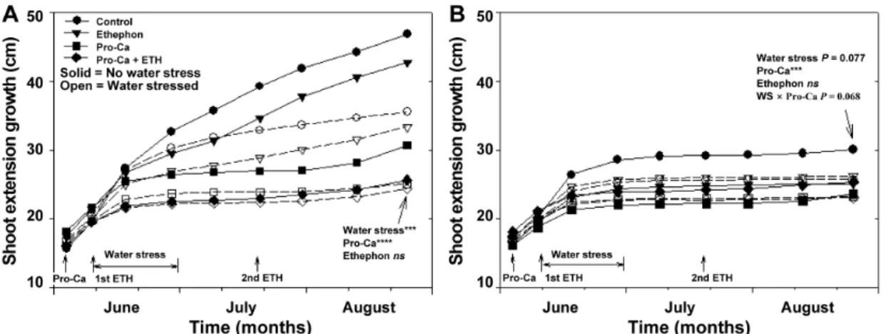 Fig. 1. Cumulative Shoot extension growth of slender-spindle ‘Golden Delicious’/M.9 apple trees treated with Pro-Ca at 250 mg･L -1 ,  ethephon at 300 mg･L -1  twice and water stress, measured from (A) vigorously growing top shoots and (B) more horizontally