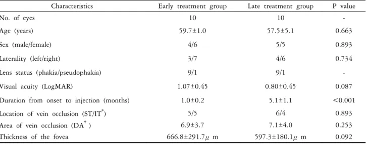 Fig.  2.  Foveal  thickness  by  optical  coherence  tomography  in  the  early  and  late  treatment  groups
