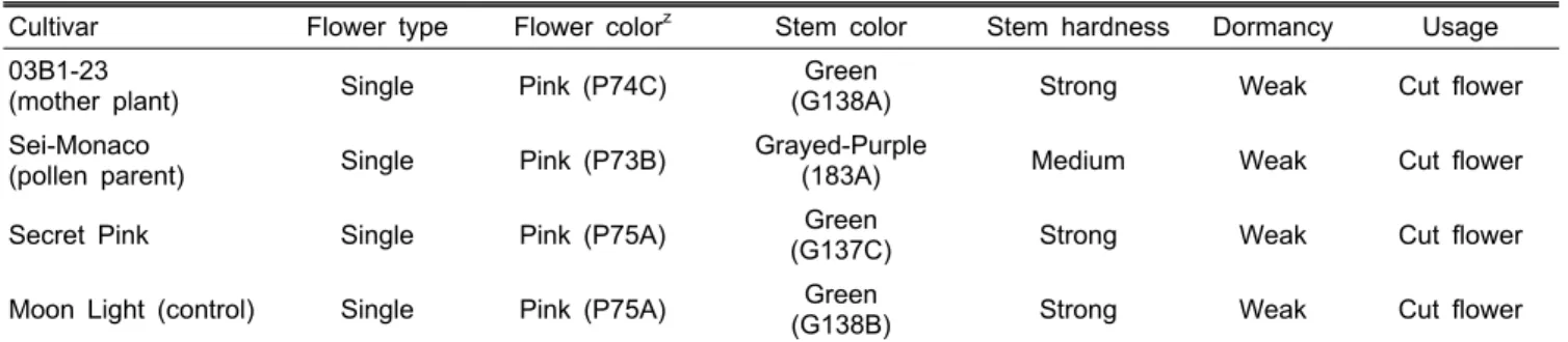 Table 1. Inheritance and morphological characteristics of a spray chrysanthemum ‘Secret Pink’.