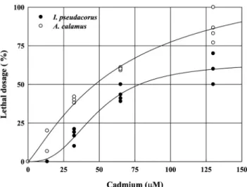 Fig. 2. Changes in lethal dosage of Iris pseudacorus and Acorus  calamus grown hydroponically with respect to the cadmium  (Cd) concentration