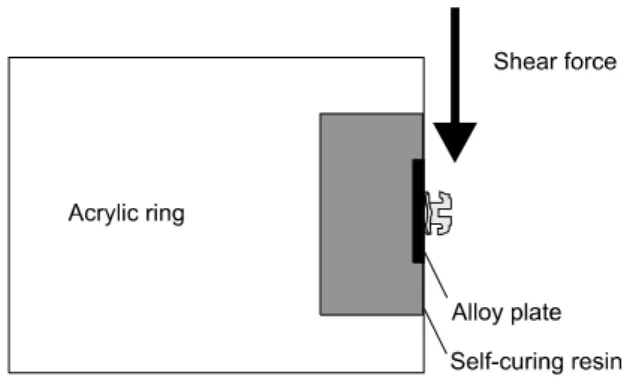 Fig 1. Alloy plates were embedded in cold curing acryl- acryl-ic and placed in acrylacryl-ic rings
