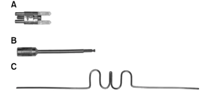 Fig 4. Parts of the Frog Appliance. A, Screw; B, screw  driver;  C, preformed spring.