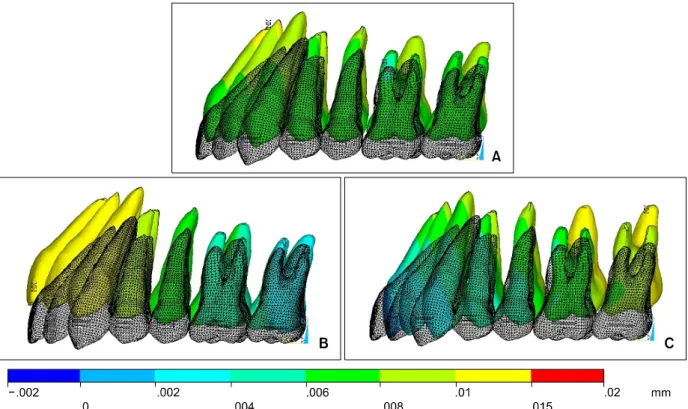 Fig 7. The contour plot of the full maxillary dentition according to the direction of vertical intrusion force