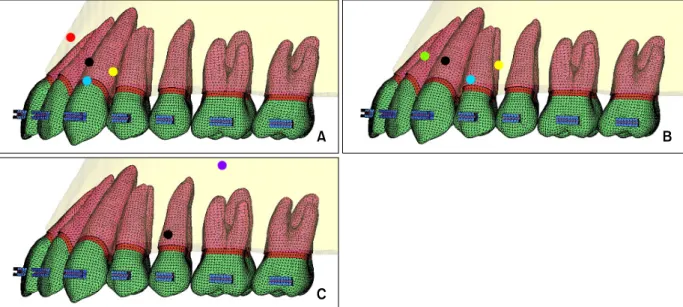 Fig 9. Comparison of the position of the center of resistance from other studies. A, 4 anterior teeth: present study (black dot); Vanden Bulcke et al 11  (yellow); Pedersen et al 6  (blue); Matsui et al 12  (red); B, 6 anterior teeth: present  study (black