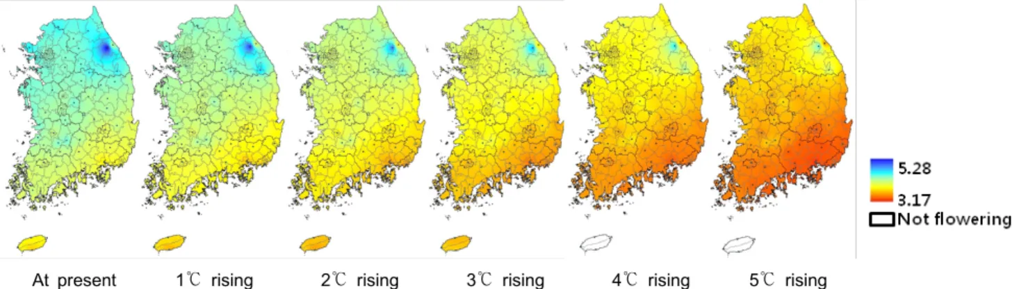Fig. 2. Changes of full bloom dates of ‘Niitaka’ pear tree predicted by modified development rate model with temperature rising  condition