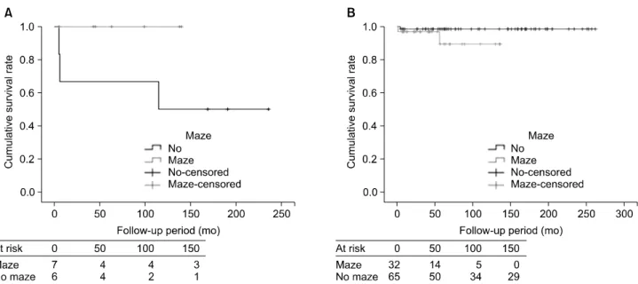 Fig. 3. Survival effect of the maze procedure for each group. (A) Survival functions in group 1