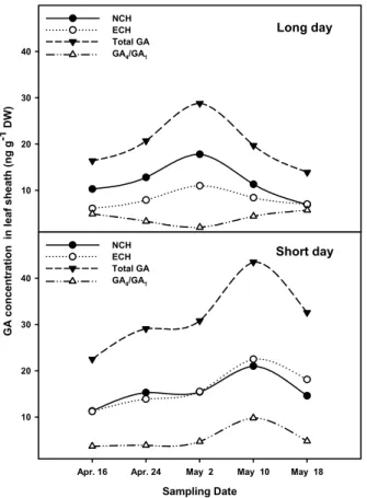 Fig. 6. Changes of NCH, ECH and total GA content in leaf  sheath of Allium sativum L. cv