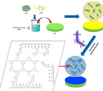 Fig.  14.  Schematic  preparation  of  NENP-1-PSA/PES  nano- nano-composite  membranes  (Reproduced  with  permission  from  Wang  et al.,  30,  Copyright  2020,  American  Chemical   so-ciety).