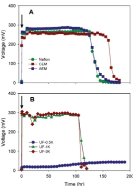 Fig.  3.  Time-voltage  curves  of  B-MFCs  using  (A)  proton,  cation,  and  anion  exchange  membranes  and  (B)  UF  membranes