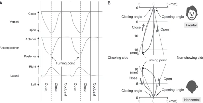 Figure 3. Schematic drawing of the jaw movement. A, Two cycles of the three-dimensional mandibular incisor-point  chewing sequences