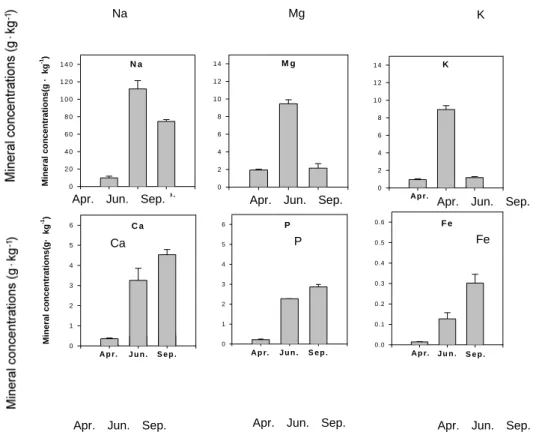 Fig.  3. Changes of mineral concentrations as according to season at habitat area. Vertical bars represent standard error.