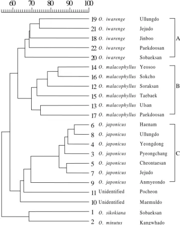 Fig.  2. Dendrogram obtained from UPGMA cluster analysis  based on RAPDs of 22 Orostachys species.