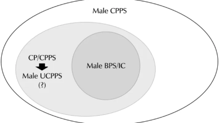 Fig. 1. Conceptualization of the classification of male chronic pelvic pain syndrome. The Venn diagram shows the relationship between chronic prostatitis/chronic pelvic pain syndrome (CP/CPPS), male bladder pain syndrome/interstitial cystitis (BPS/IC), and