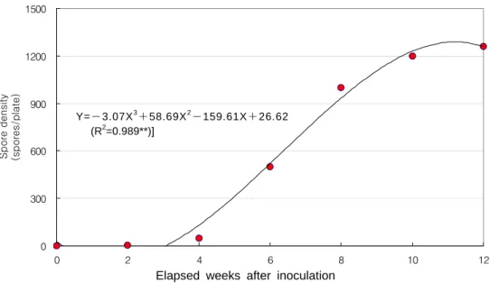 Fig.  6. Changes in spore density of Glomus sp. in in vitro propagation during experimental periods.