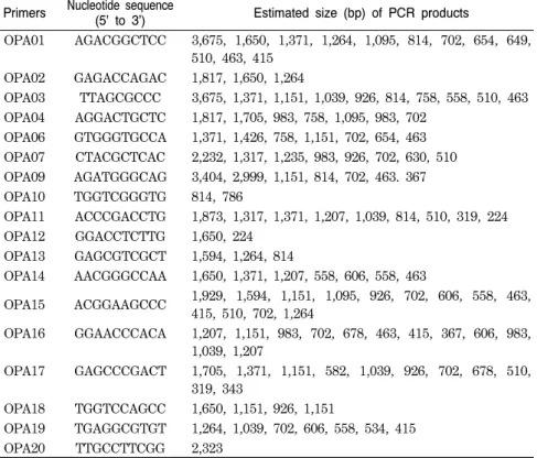 Table  4.  RAPD  primer  sequences  and  corresponding  band  sizes  detected  with  genomic  DNA  of  Sedum.Chung,  1990),  본  연구에서도  종간  혹은  동일 종 내에서도 화색,  화형,  소화수 등 꽃의 형질에서  다양한  차이가  나타나는  것을  관찰할  수가 있었다.2)  잎  및  줄기의  특성잎의 형태적 특성에 있어 가장 특징적인 것은 葉序(p