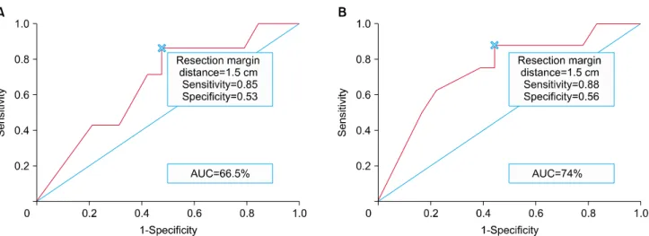 Fig. 3. ROC curve and cutoff analysis with the Youden index for determination of the optimal resection margin distance