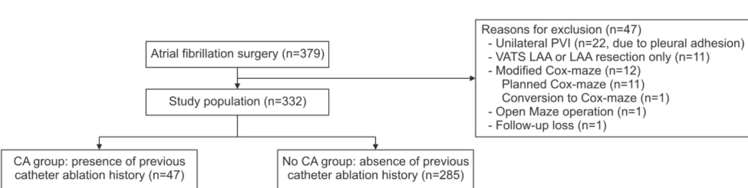 Fig. 1. Flow diagram of patient selection. PVI, pulmonary vein isolation; VATS, video-assisted thoracoscopic surgery; LAA, left atrial  appendage; CA, catheter ablation.