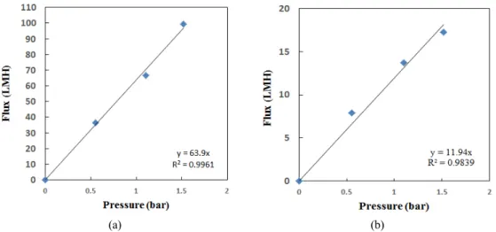 Fig. 3. Comparison between the permeability of (a) bare Al 2 O 3  support and (b) TiO 2  immobilized hybrid composite  membrane.