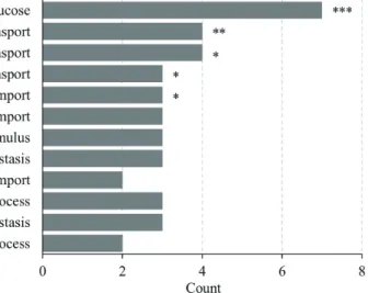 Fig. 1. Gene ontology (GO) enrichment  analysis. The bar graph indicates the  number of differently expressed genes  in GO terms associated with glucose  from bio-active materials coated  fabric-worn rat skeletal muscle
