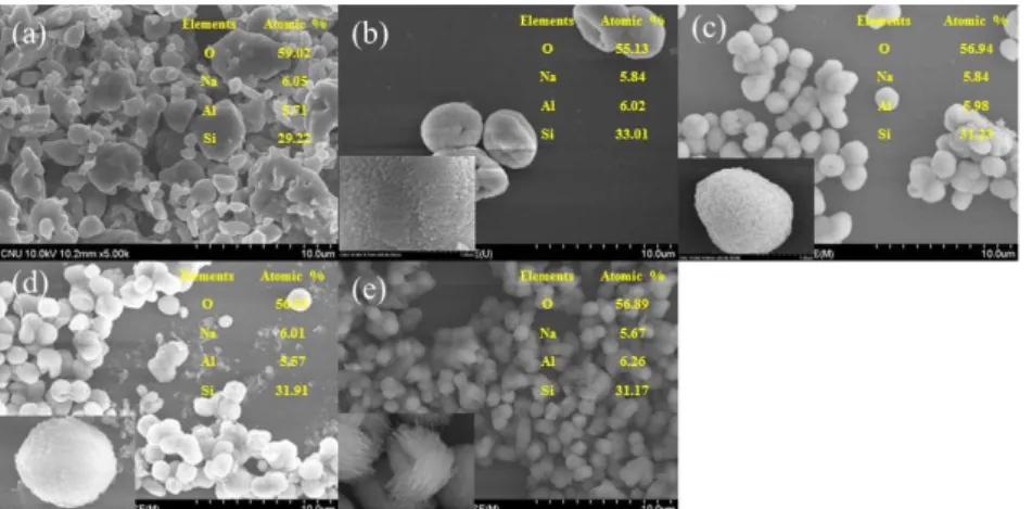 Fig. 2. SEM images &amp; EDS data of MOR samples obtained from hydrothermal solutions having different seed concentrations  : (a) 0.0 (without seed), (b) 0.1, (c) 0.5, (d) 1.0 and (e) 3 g (M