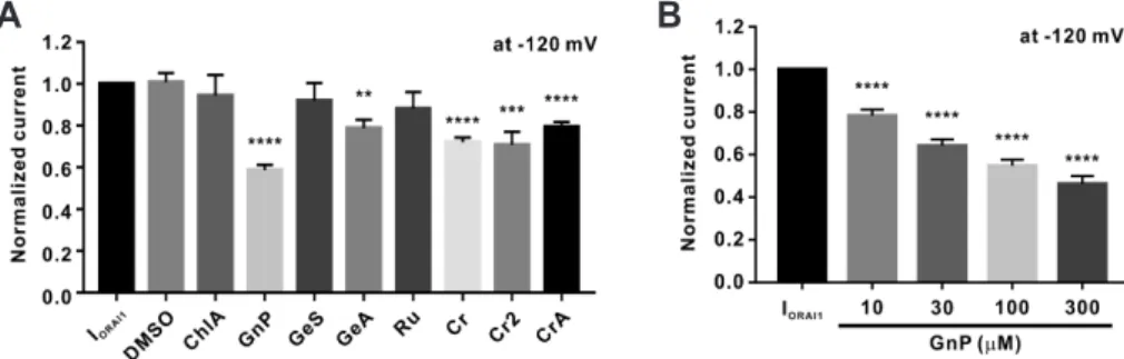 Fig. 6. Concentration-dependent inhibitory effects of genipin on ORAI1 current (I ORAI1 ) in STIM1 and ORAI1 co-transfected HEK293T cells