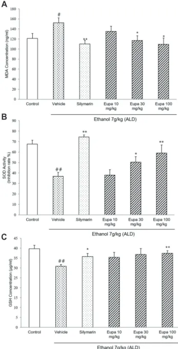 Fig. 4. Eupatilin reduced plasma MDA and improved antioxidant  status in the ALD model